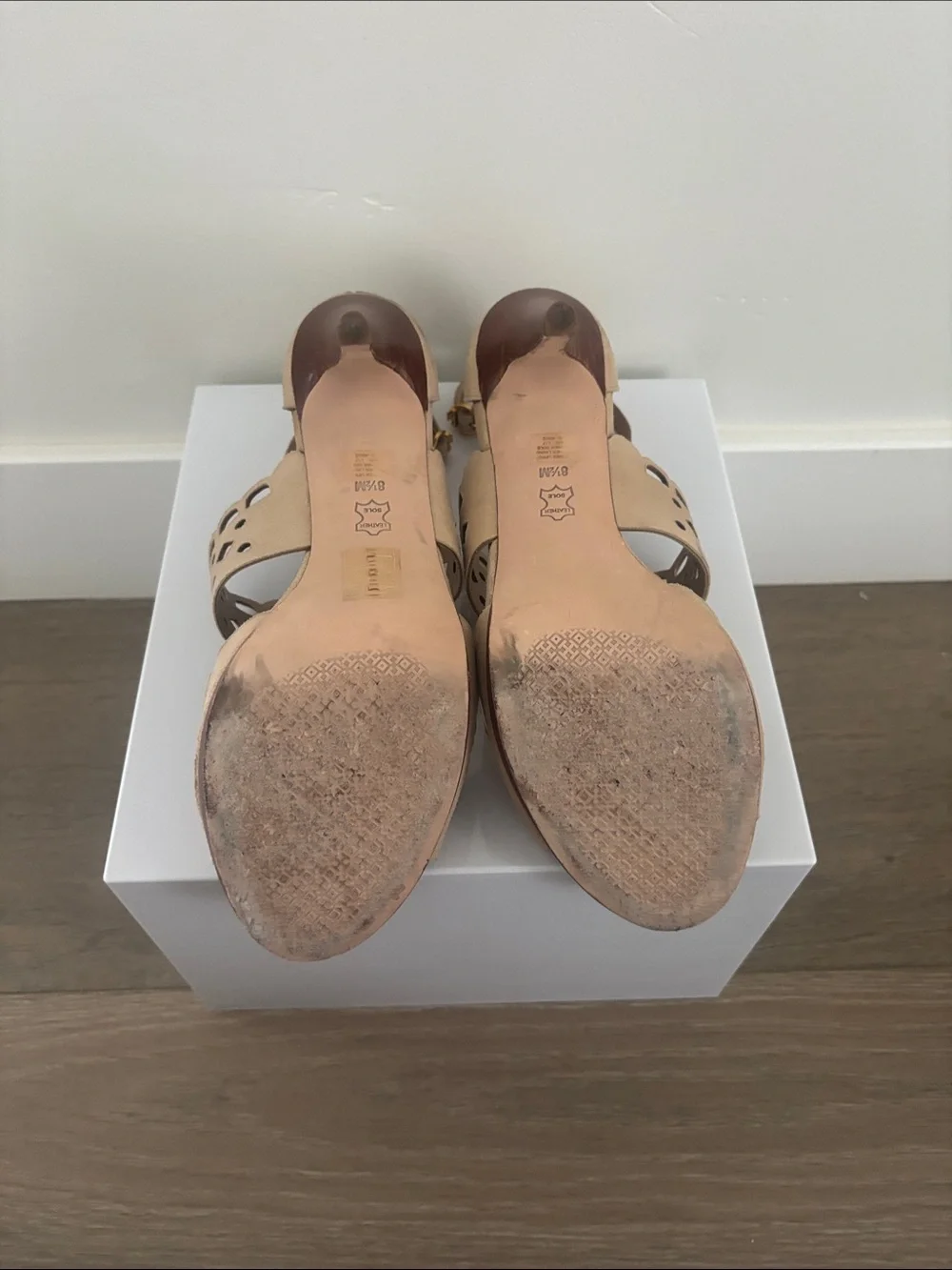 Tory Burch Beige Scalloped Laser-Cut Ankle-Strap Heels